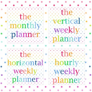 Puede incluir: Cuatro portadas de planificador cuadradas blancas con un patr&oacute;n de lunares de colores. Cada portada presenta texto multicolor: the monthly planner, the vertical weekly planner, the horizontal weekly planner y the hourly weekly planner.