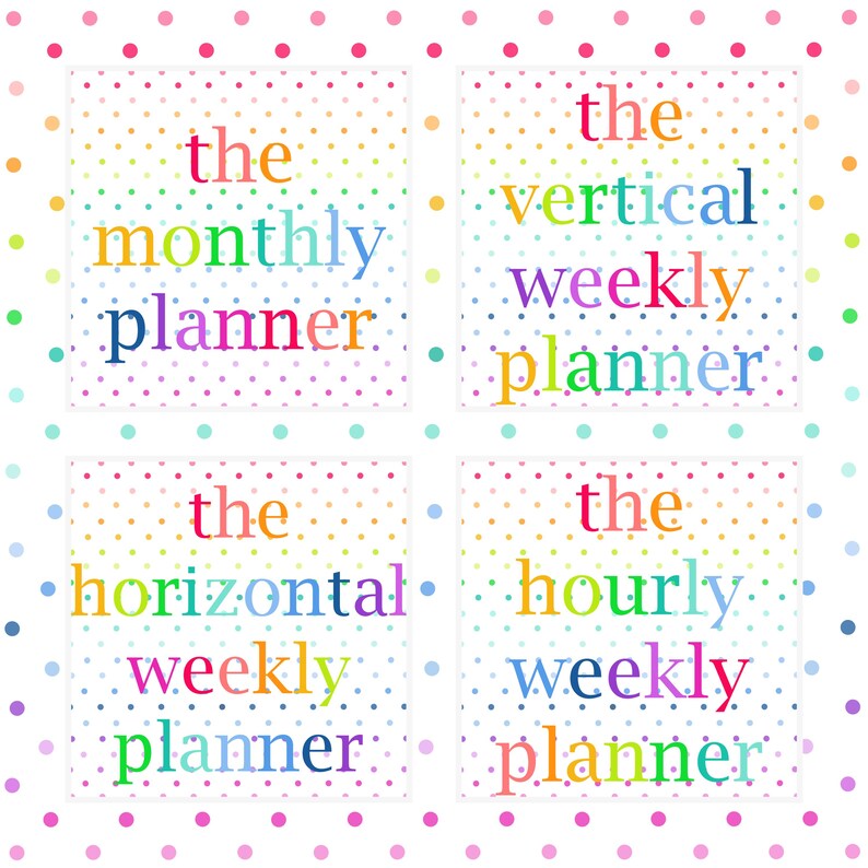 Puede incluir: Cuatro portadas de planificador cuadradas blancas con un patr&oacute;n de lunares de colores. Cada portada presenta texto multicolor: the monthly planner, the vertical weekly planner, the horizontal weekly planner y the hourly weekly planner.