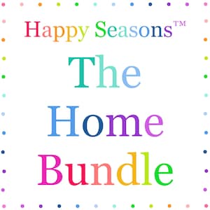 Puede incluir: Un gráfico cuadrado que presenta el texto Happy Seasons The Home Bundle en varios colores. El texto está centrado sobre un fondo blanco, rodeado por un borde de pequeños puntos multicolores dispuestos en un patrón cuadrado alrededor.