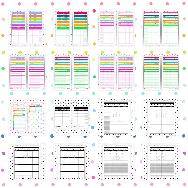 Puede incluir: Una colecci&oacute;n de diecis&eacute;is plantillas de p&aacute;ginas de planificador digital con varios dise&ntilde;os, incluyendo calendarios mensuales, horarios semanales y planificadores diarios, con cuadr&iacute;culas de arco&iacute;ris y dise&ntilde;os minimalistas en blanco y negro.