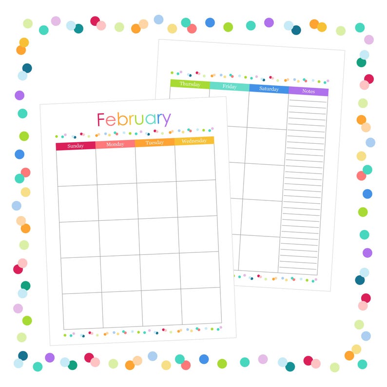 May include: A printable February calendar page featuring a grid layout with colorful headers for each day of the week. The design includes a border of multicolored confetti dots and a dedicated column for notes on the right side of the grid.