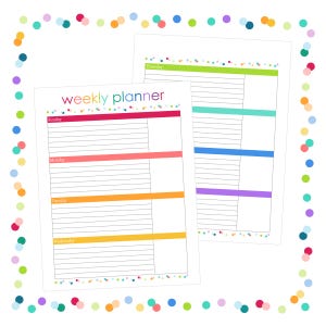 May include: Two white weekly planner sheets featuring the text "weekly planner" at the top. Each sheet has horizontal lines for daily entries, color-coded bars for Sunday through Thursday, and a border of colorful confetti dots on the page edges.