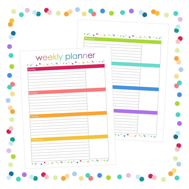 May include: Two white weekly planner sheets featuring the text "weekly planner" at the top. Each sheet has horizontal lines for daily entries, color-coded bars for Sunday through Thursday, and a border of colorful confetti dots on the page edges.