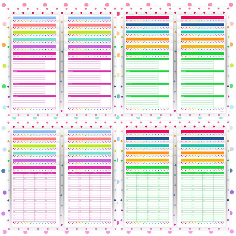 Puede incluir: Ocho insertos verticales para planificador dispuestos en dos filas de cuatro. Cada inserto presenta barras horizontales coloridas y secciones con l&iacute;neas para la programaci&oacute;n diaria. Los dise&ntilde;os incluyen varias paletas de colores brillantes.