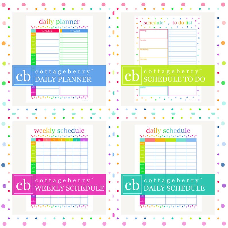 Puede incluir: Cuatro hojas de planificaci&oacute;n imprimibles con bordes y encabezados de lunares coloridos. Los dise&ntilde;os incluyen un planificador diario, una lista de tareas, un horario semanal y uno diario, etiquetados con el nombre y logo de cottageberry.