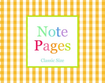 May include: A square graphic featuring a yellow and white gingham pattern background. A white central square with a lime green border contains the multicolored text Note Pages and the light blue text Classic Size centered below it.