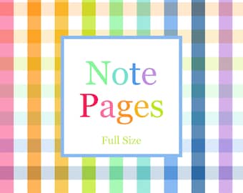 May include: A digital graphic featuring a vibrant rainbow plaid background with a central white square bordered in light blue. The text "Note Pages" appears in multicolored letters, followed by the words "Full Size" in green text below.