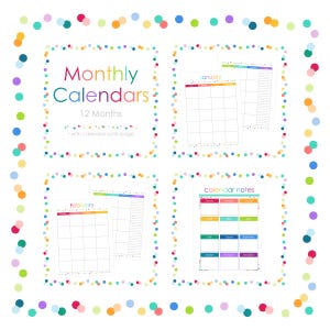 May include: A set of printable monthly calendar pages featuring a colorful confetti border. The text reads Monthly Calendars 12 Months with calendar note page, January, February, and calendar notes, showcasing grid layouts and lined note sections.