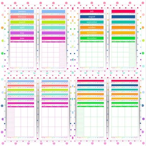 Puede incluir: Un conjunto de p&aacute;ginas de calendario imprimibles que abarcan los doce meses de enero a diciembre. Cada p&aacute;gina incluye un encabezado colorido con el nombre del mes, una cuadr&iacute;cula para la planificaci&oacute;n diaria y una secci&oacute;n para notas en blanco.