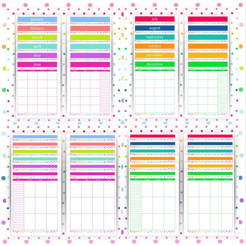 Puede incluir: Un conjunto de p&aacute;ginas de calendario imprimibles que abarcan los doce meses de enero a diciembre. Cada p&aacute;gina incluye un encabezado colorido con el nombre del mes, una cuadr&iacute;cula para la planificaci&oacute;n diaria y una secci&oacute;n para notas en blanco.