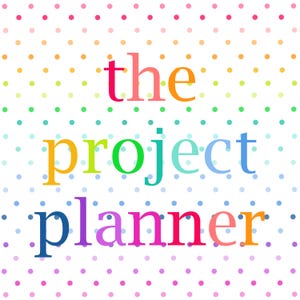 May include: A square graphic featuring a white background covered in a repeating pattern of small, multicolored polka dots. Centered on the image is the text "the project planner" written in a serif font with each letter in a different color.