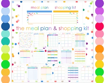 Puede incluir: Un kit digital de planificación de comidas y listas de compras que incluye una colección de páginas imprimibles coloridas. El conjunto contiene varias plantillas para organizar comidas, listas de supermercado y recetas, con un borde de confeti.