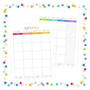 May include: Two white paper calendar pages for January with a colorful confetti border. The grid features headers for Sunday through Saturday in vibrant blocks, with a dedicated notes column on the right side and empty white squares for daily entries.