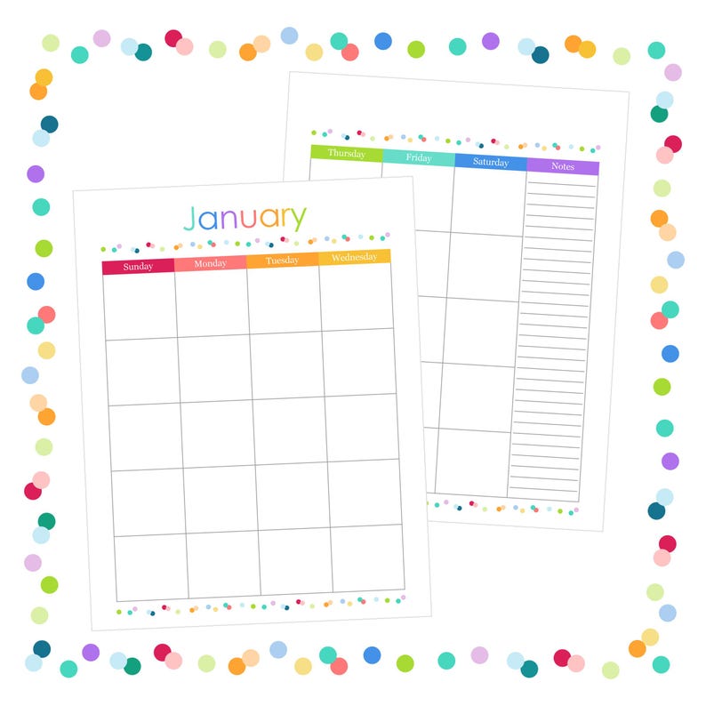 May include: Two white paper calendar pages for January with a colorful confetti border. The grid features headers for Sunday through Saturday in vibrant blocks, with a dedicated notes column on the right side and empty white squares for daily entries.