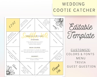 Sunflower cootie catcher template for wedding, Editable cootie catcher, DIY wedding menu template, DIY dinner menu, Printable cootie catcher