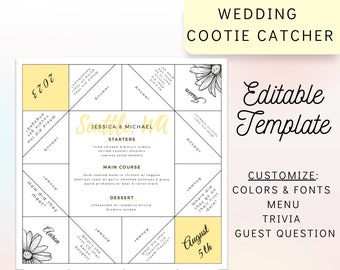 Sunflower cootie catcher template for wedding, Editable cootie catcher, DIY wedding menu template, DIY dinner menu, Printable cootie catcher
