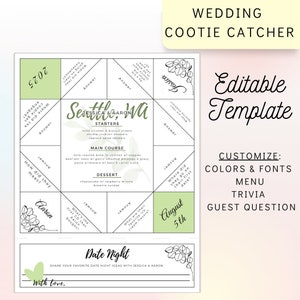 Eucalyptus cootie catcher template for wedding, Editable cootie catcher, DIY wedding menu template, DIY menu, Printable cootie catcher