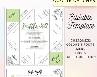 Eucalyptus cootie catcher template for wedding, Editable cootie catcher, DIY wedding menu template, DIY menu, Printable cootie catcher