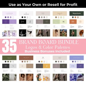 Puede incluir: Un gr&aacute;fico rosa y blanco con el texto "35 Brand Board Bundle Logos & Color Palettes Business Bonuses Included". El gr&aacute;fico est&aacute; rodeado de 35 tableros de marca diferentes, cada uno con un logotipo, una paleta de colores y una foto. Los logotipos son de varios estilos, incluyendo minimalista, moderno y cl&aacute;sico.