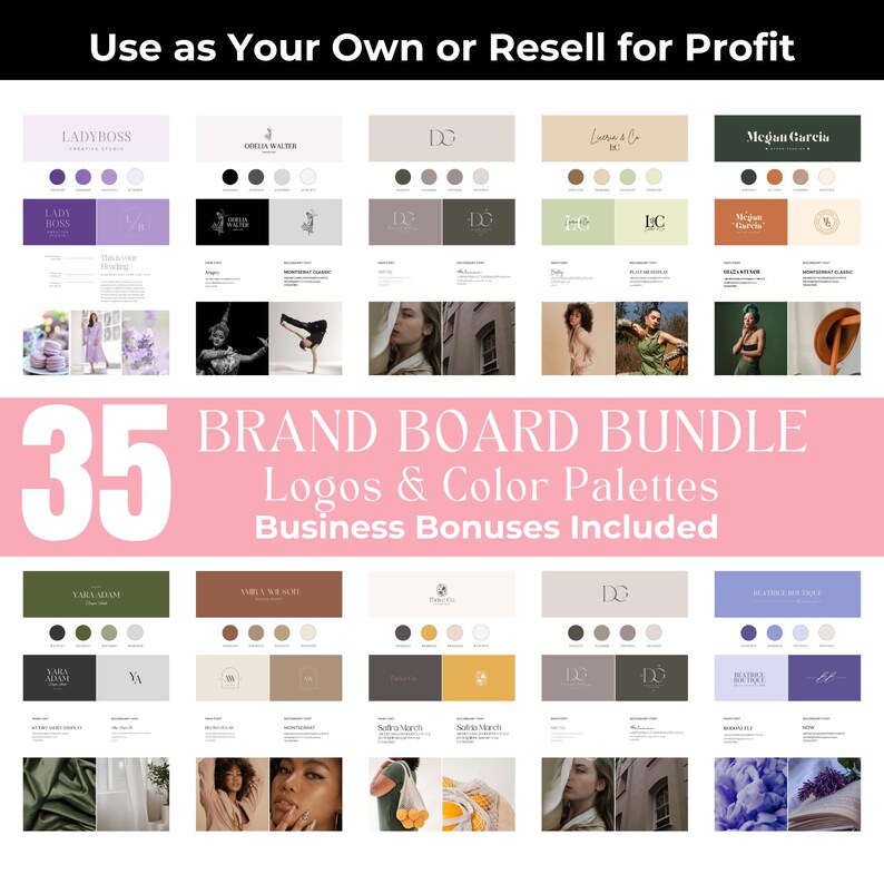 Puede incluir: Un gr&aacute;fico rosa y blanco con el texto "35 Brand Board Bundle Logos & Color Palettes Business Bonuses Included". El gr&aacute;fico est&aacute; rodeado de 35 tableros de marca diferentes, cada uno con un logotipo, una paleta de colores y una foto. Los logotipos son de varios estilos, incluyendo minimalista, moderno y cl&aacute;sico.