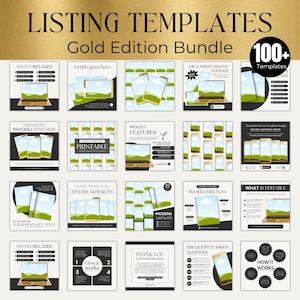Op de afbeelding: Een set van meer dan 100 printbare listing-sjablonen voor Etsy-verkopers. De sjablonen bevatten een verscheidenheid aan ontwerpen, waaronder moderne, minimalistische en kleurrijke opties. De sjablonen zijn perfect om producten te presenteren, verkopen te promoten en een professioneel merk te creëren.