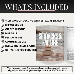 Pu&ograve; includere: Un elenco di prodotti digitali per un corso su come affrontare gli ostacoli e gli insuccessi. L'immagine presenta una pila di pietre su una spiaggia con il testo "dealing with setbacks & failure" e "life coaching". L'elenco include 11 lezioni, un ebook di 21 pagine, lezioni guidate, MRR e PLR, uso personale e commerciale, diritti di rivendita e Canva - non &egrave; richiesto alcun abbonamento pro.