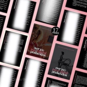 Peut inclure: Une maquette de produit num&eacute;rique rose et noire avec le texte "over 200 travel digital product ideas" et "17 pages". La maquette est un guide de produit num&eacute;rique pour la planification de voyages, les listes de contr&ocirc;le et le style de vie.