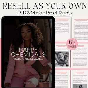Può includere: Un tablet digitale rosa e bianco con un'immagine di copertina di una donna in un abito rosa. Il testo sulla copertina recita "Happy Chemicals: What They Are & How To Produce Them." Il testo "The Complete Guide" è in fondo alla copertina. Il tablet è aperto su una pagina con il testo "67 Pages" in un cerchio. La pagina è divisa in sezioni con testo sull'impatto dell'attività fisica, i benefici della proprietà degli animali domestici e il potere delle connessioni.