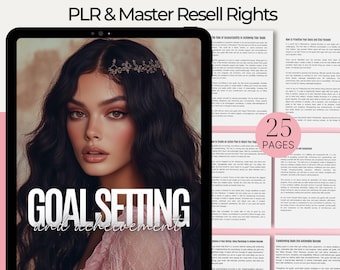 May include: A digital product cover featuring a woman with long dark hair and a pink top. The text "RESELL AS YOUR OWN" is at the top of the cover, and the text "GOAL SETTING and achievement" is in the centre of the cover. The text "LIFE COACHING" is at the bottom of the cover. The cover also includes the text "25 PAGES".
