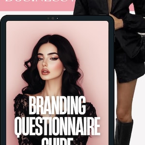 May include: A pink and white digital tablet with the text "BRANDING QUESTIONNAIRE GUIDE" displayed on the screen. The tablet is held by a person wearing a black shirt and black boots. The text "WANT TO KNOW HOW TO BRAND YOUR BUSINESS?" is displayed above the tablet.