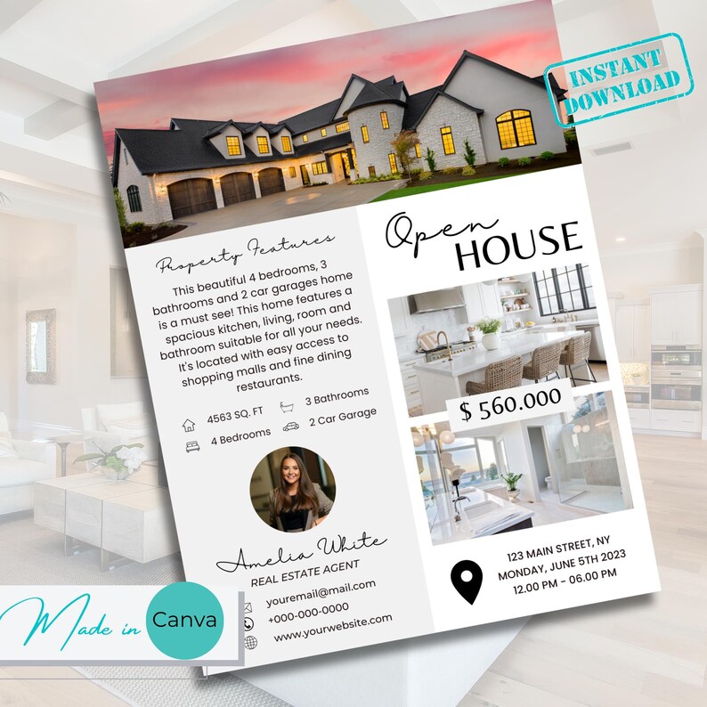 Editable Real Estate Flyer Template Open House Canva Design Realtor ...