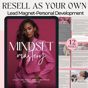 Könnte beinhalten: Ein rosa-weißes digitales E-Book-Cover mit dem Titel "MINDSET mastery" und dem Text "RESELL AS YOUR OWN Lead Magnet-Personal Development" oben. Das Cover zeigt eine Frau in einem rosa Anzug und den Text "OVERCOME FEAR & BUILD CONFIDENCE IN YOUR BUSINESS". Das E-Book umfasst 12 Seiten.