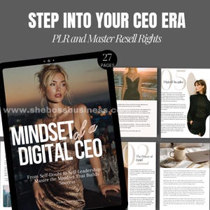 Könnte beinhalten: Ein digitales Produkt mit dem Titel "Mindset of a Digital CEO" mit 27 Seiten, das eine Frau in einem goldenen Kleid zeigt. Das Produkt handelt von Selbstführung und dem Aufbau von Erfolg. Der Text "Step Into Your CEO Era" steht oben.