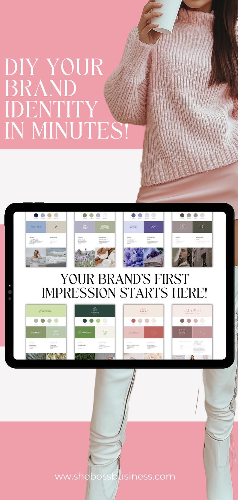 Puede incluir: Una pantalla de tableta que muestra una variedad de plantillas de identidad de marca. Las plantillas presentan diferentes paletas de colores, logotipos y fuentes. El texto en la pantalla dice "Your Brand's First Impression Starts Here!"