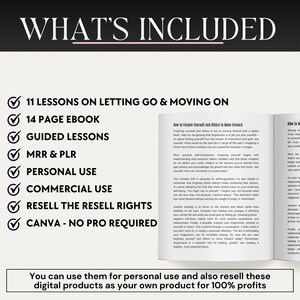 May include: A checklist of digital products for letting go and moving on, including 11 lessons, a 14-page ebook, guided lessons, MRR & PLR, personal and commercial use, resell rights, and Canva templates. The text "What's Included" is at the top of the image. The text "You can use them for personal use and also resell these digital products as your own product for 100% profits" is at the bottom of the image.