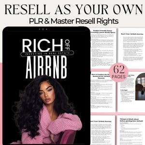 May include: A digital product cover with a black and white image of a woman with long black hair. The cover has the text "RICH OFF INVESTING IN REAL ESTATE AIRBNB" in white text on a black background. The cover also has the text "62 PAGES" in white text on a black circle.