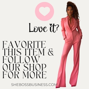 Peut inclure: Un blazer rose et un pantalon large assorti. Le texte "Love it?" est au-dessus de l'image. Le texte "FAVORITE THIS ITEM & FOLLOW OUR SHOP FOR MORE" est en dessous de l'image. Le texte "SHEBOSSBUSINESS.COM" est en bas de l'image.