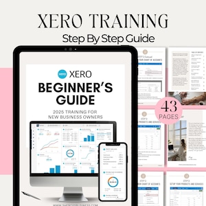 以下が含まれることがあります： 新しいビジネスオーナー向けのXero初心者ガイドがコンピューター画面に表示されています。このガイドには、Xeroの使い方に関する43ページのステップバイステップの説明が含まれており、勘定科目表や商品・サービスの設定などが含まれています。このガイドは2025年のトレーニング用に設計されています。