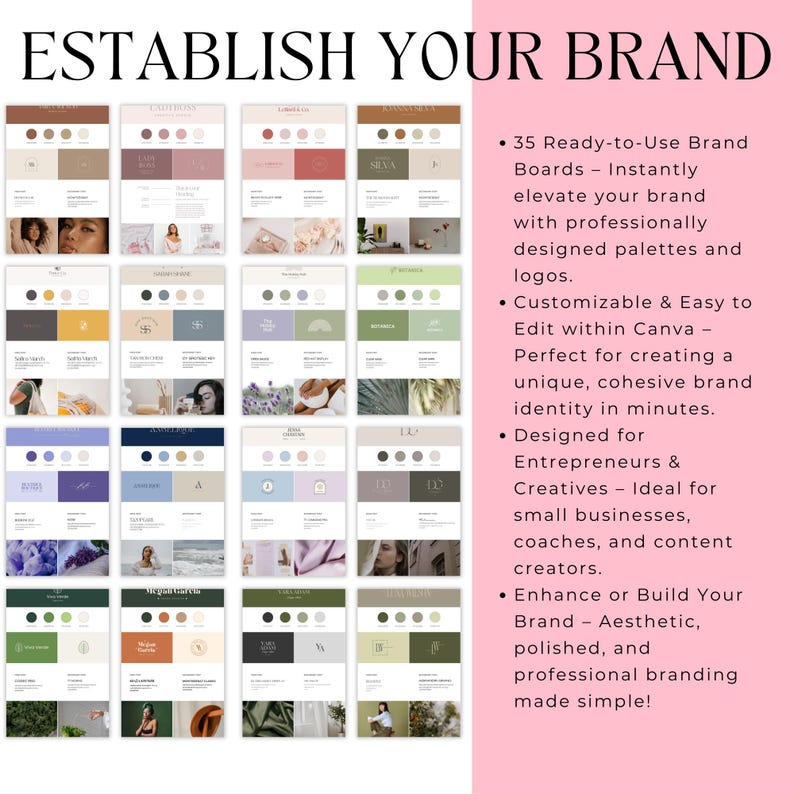 Brand Board Canva Template Business Branding Kit Template Editable Brand Board Bundle Logo & Color Palette Set PLR MRR Brand Identity Kit