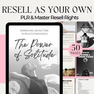 Peut inclure: Une image en noir et blanc d'une femme avec les bras derrière la tête, penchée en arrière sur un rocher. Le texte "The Power of Solitude" est écrit en cursive noire sur un fond de ciel nuageux. Le texte "Embracing Alone Time to Build Confidence" est écrit en noir au-dessus du titre. Le texte "50 Pages" est écrit en blanc sur un cercle rose. Le texte "Chapter One Understanding the Value of Solitude" est écrit en noir sur fond blanc. Le texte "Chapter Two Creating a Solitude Practice" est écrit en noir sur fond blanc. Le texte "Keywords & Taglines" est écrit en noir sur fond blanc.