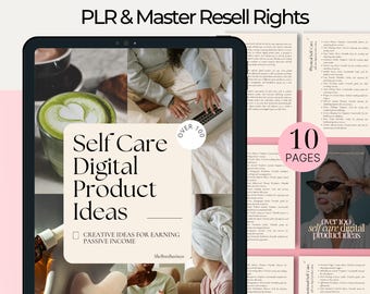 Könnte beinhalten: Ein digitaler Produktführer mit dem Titel "Self Care Digital Product Ideas" und dem Text "Over 100 Self Care Digital Product Ideas" auf einem rosa und weißen Hintergrund. Der Leitfaden enthält kreative Ideen, um passives Einkommen zu erzielen.