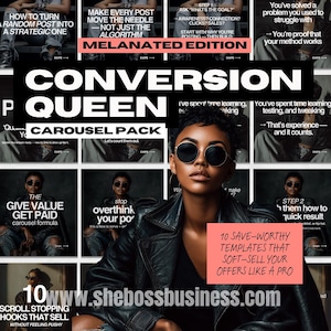Puede incluir: Imagen promocional con el texto "CONVERSION QUEEN CAROUSEL PACK" y "10 SAVE-WORTHY TEMPLATES THAT SOFT-SELL YOUR OFFERS LIKE A PRO." La imagen presenta a una mujer con gafas de sol y una chaqueta de cuero. El sitio web www.shebossbusiness.com también es visible.