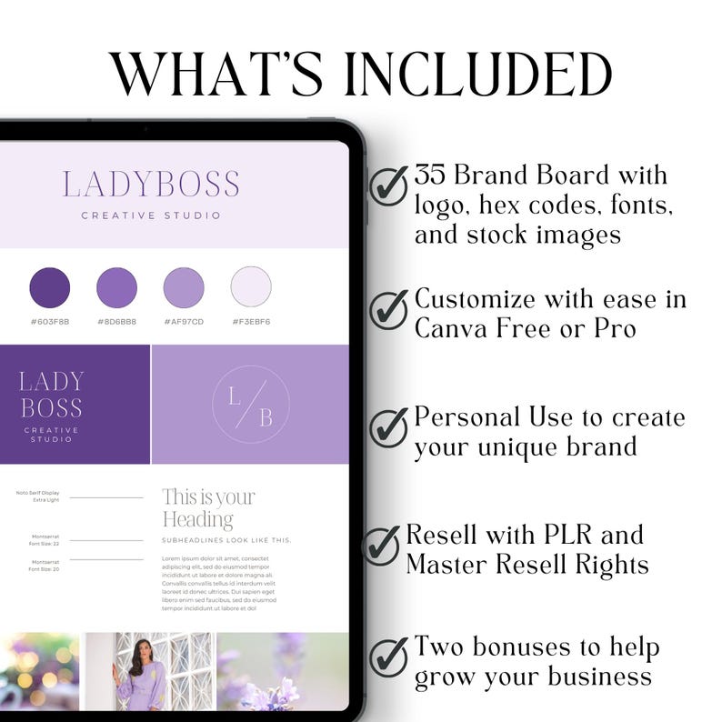 Puede incluir: Una maqueta digital de una tabla de marca para un negocio llamado "Ladyboss Creative Studio". La tabla incluye un logotipo, una paleta de colores y texto que dice "Este es tu encabezado". La tabla tambi&eacute;n incluye una lista de verificaci&oacute;n de los elementos incluidos en el paquete de tabla de marca, como 35 tablas de marca, personalizaci&oacute;n en Canva, uso personal, derechos de reventa y dos bonificaciones.