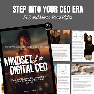 Könnte beinhalten: Ein digitales Produktcover mit dem Titel "MINDSET of a DIGITAL CEO" mit dem Text "From Self-Doubt to Self-Leadership - Master the Mindset That Builds Success." Das Bild zeigt eine Frau und den Text "STEP INTO YOUR CEO ERA".