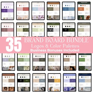 May include: A collection of 35 brand board templates featuring logos and colour palettes. The templates are displayed on tablet screens and include a variety of colour combinations and design styles.