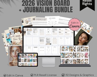 May include: A digital bundle for 2026 vision boards and journaling, with PLR resell rights. The image displays a computer, tablet, and book with vision board examples. Text includes "Manifest Your Best Year Yet!" and "Edit in Canva."