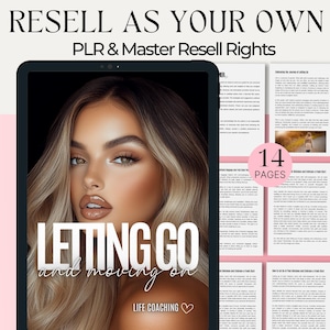 以下が含まれることがあります： 女性の顔が前面に描かれたデジタル製品の表紙。 「Letting Go and Moving On」というテキストは、黒色の背景に白い文字で書かれています。 「Life Coaching」というテキストは、タイトルの下にあります。 表紙には、「Resell as Your Own」と「PLR & Master Resell Rights」というテキストも含まれています。
