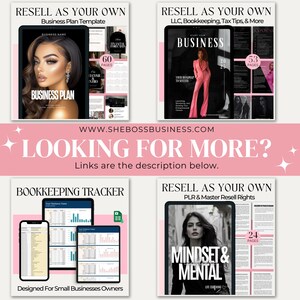 May include: Four digital products for sale, including a business plan template, a bookkeeping tracker, a business start-up guide, and a mindset and mental health guide. Each product features a woman on the cover and includes the number of pages in the product.