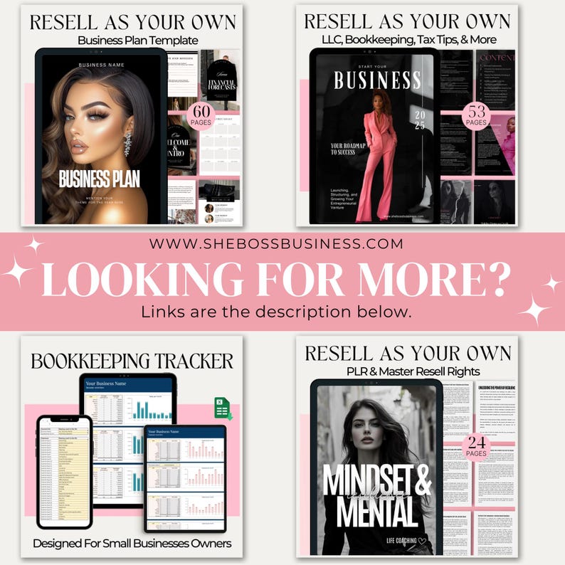 May include: Four digital products for sale, including a business plan template, a bookkeeping tracker, a business start-up guide, and a mindset and mental health guide. Each product features a woman on the cover and includes the number of pages in the product.