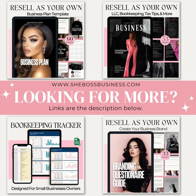 Pu&ograve; includere: Quattro mockup di prodotti digitali con sfondi rosa. Il mockup in alto a sinistra &egrave; un modello di business plan con una donna sulla copertina. Il mockup in alto a destra &egrave; un modello di business plan con una donna in completo rosa sulla copertina. Il mockup in basso a sinistra &egrave; un tracker di contabilit&agrave; con un foglio di calcolo sulla copertina. Il mockup in basso a destra &egrave; una guida al questionario di branding con una donna sulla copertina.